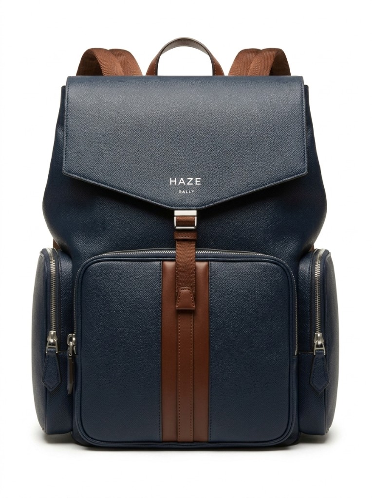 Navy blue and brown HAZE BALLY textured leather backpack with silver hardware and front zip pockets.